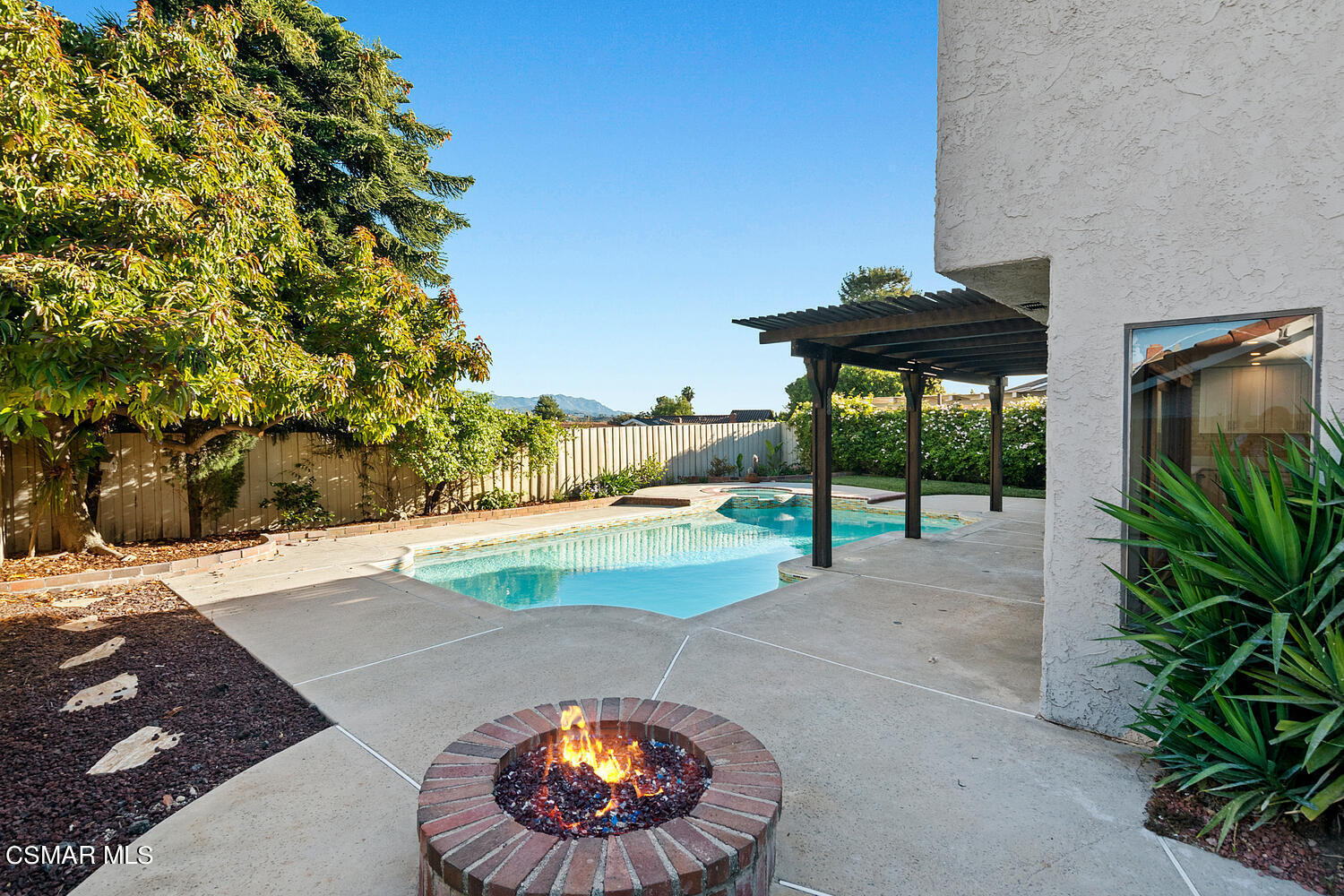 a view of a backyard with plants and a patio