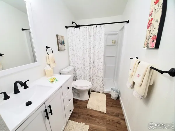 a bathroom with a sink a toilet and shower curtain