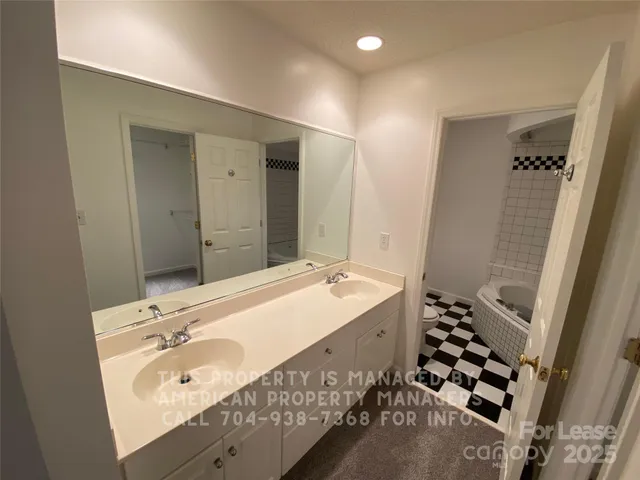 a bathroom with a tub sink and mirror