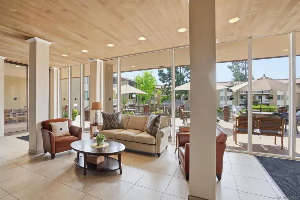 a view of a dining room with furniture