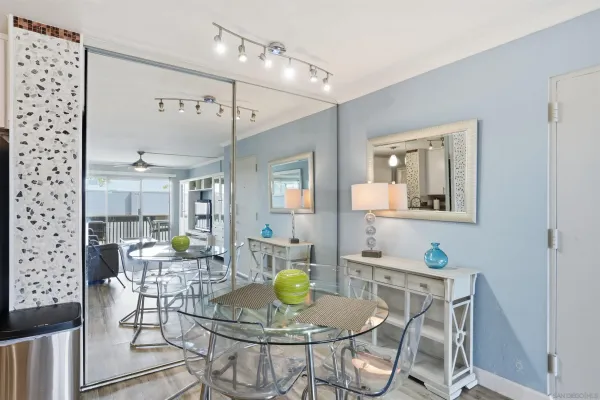 a view of a dining room with furniture