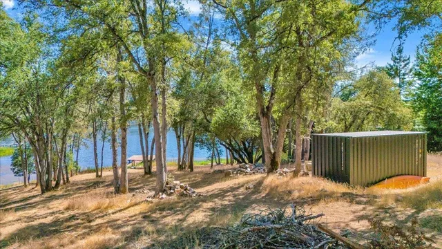 a backyard of a house with large trees and wooden fence