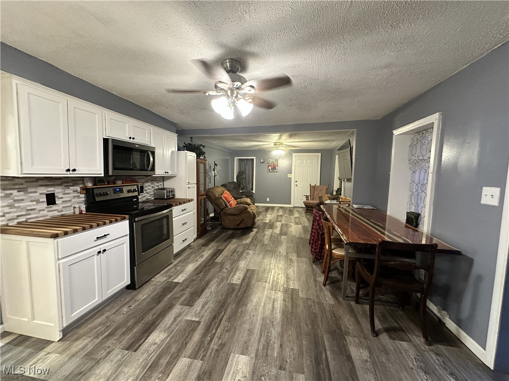 7700 Center Road Ashtabula, OH 44004 - Photo 8 of 31 Kitchen featuring white cabinets, dark wood-style flooring, backsplash, a ceiling fan, and appliances with stainless steel finishes