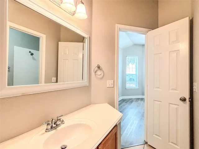 a bathroom with a sink and a mirror