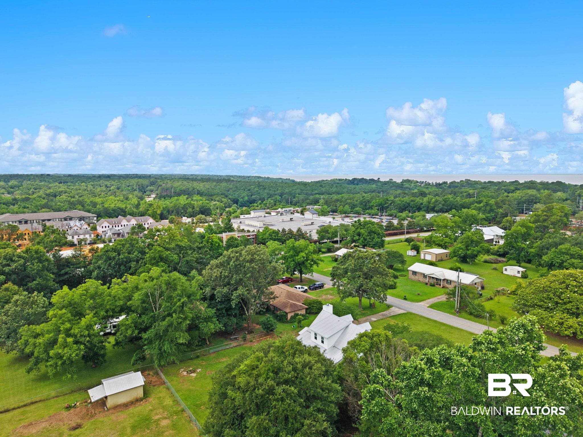 22810 High Ridge Road Fairhope, AL 36532 - Photo 71 of 78 Aerial perspective showcasing a residential property with a white exterior, surrounded by mature trees