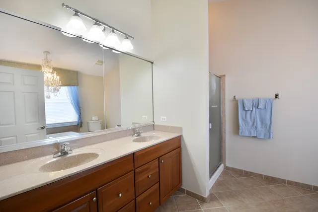 a bathroom with a double vanity sink a mirror and shower