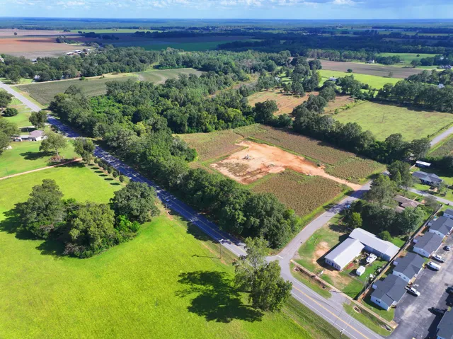 an aerial view of a golf course with a garden