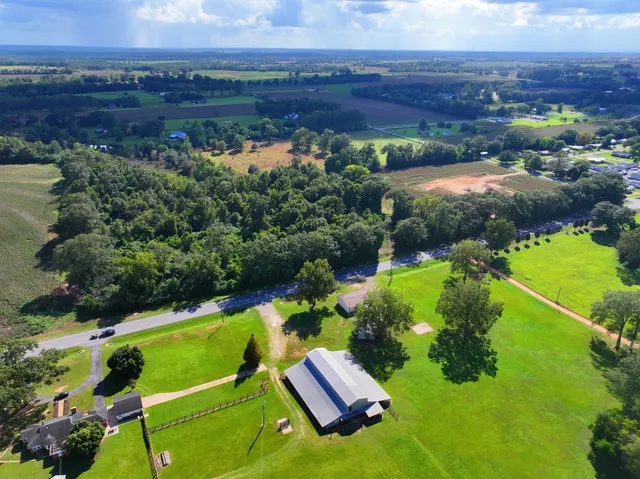 an aerial view of a house with a garden