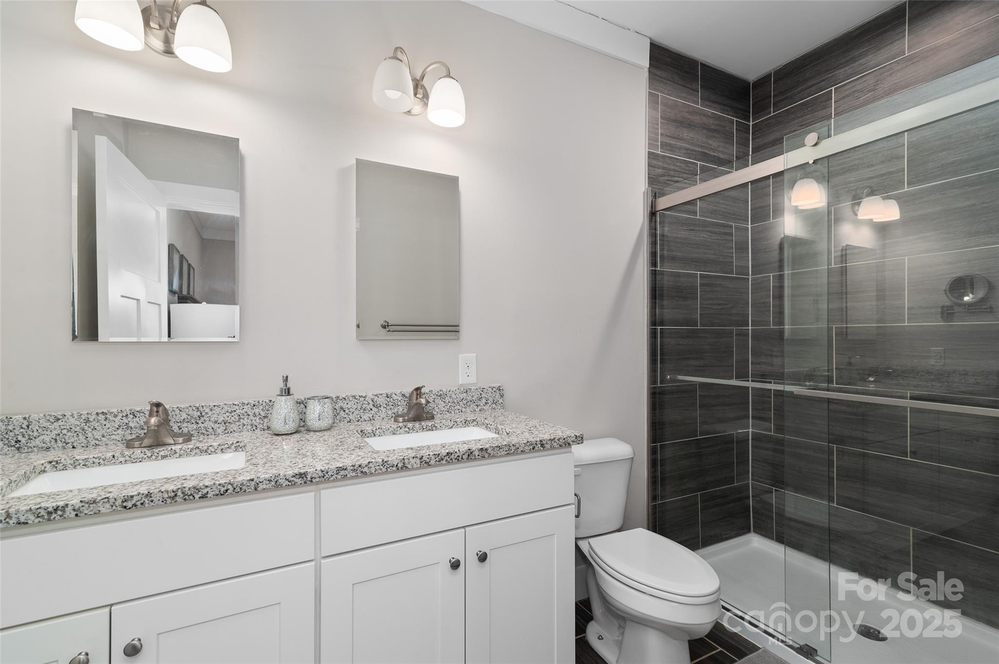 349 Ridge View Drive Clyde, NC 28721 - Photo 19 of 27 a bathroom with a granite countertop sink a toilet a mirror and shower