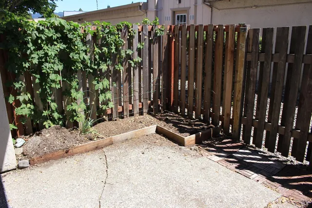 a view of a backyard with wooden fence
