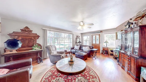 a dining room with furniture