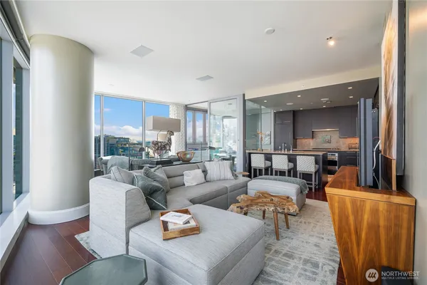 a room with furniture and a large window