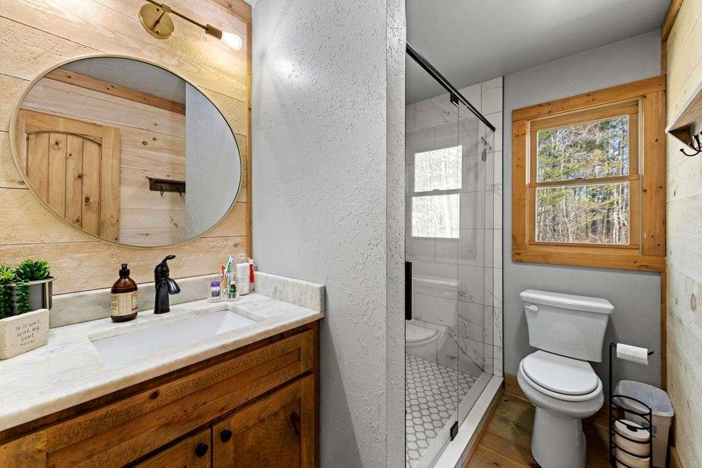 384 Maxwell Road Blue Ridge, GA 30513 - Photo 25 of 68 a bathroom with a toilet a sink a mirror a vanity and window
