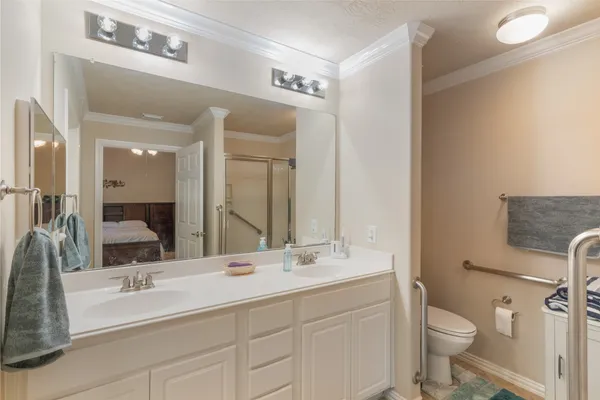 a bathroom with a double vanity sink mirror and toilet