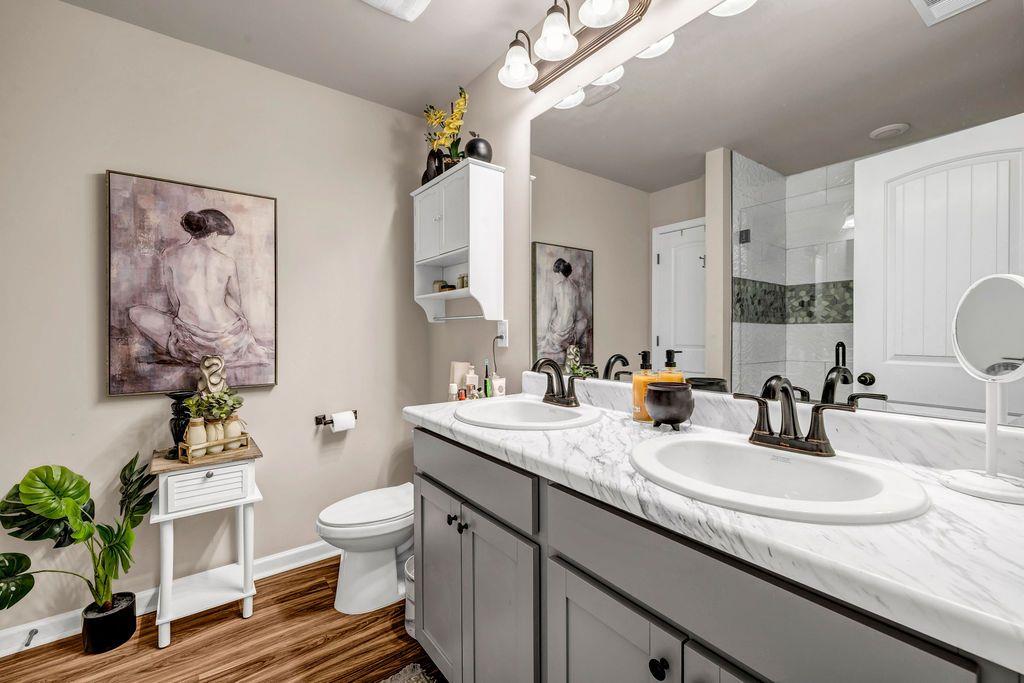 255 Skipjack Court Covington, GA 30016 - Photo 15 of 24 a bathroom with a granite countertop sink a toilet and a mirror