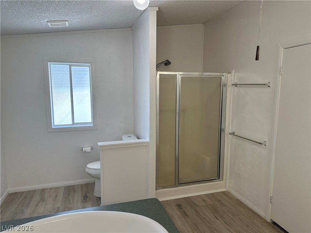 3270 West Simkins Road Pahrump, NV 89060 - Photo 16 of 36 Natural light from a frosted window highlights the durable wood-look flooring in this bathroom.