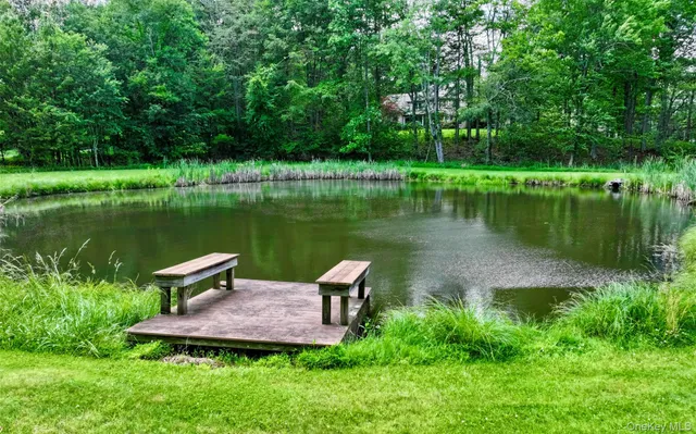 a view of a lake with a garden and trees