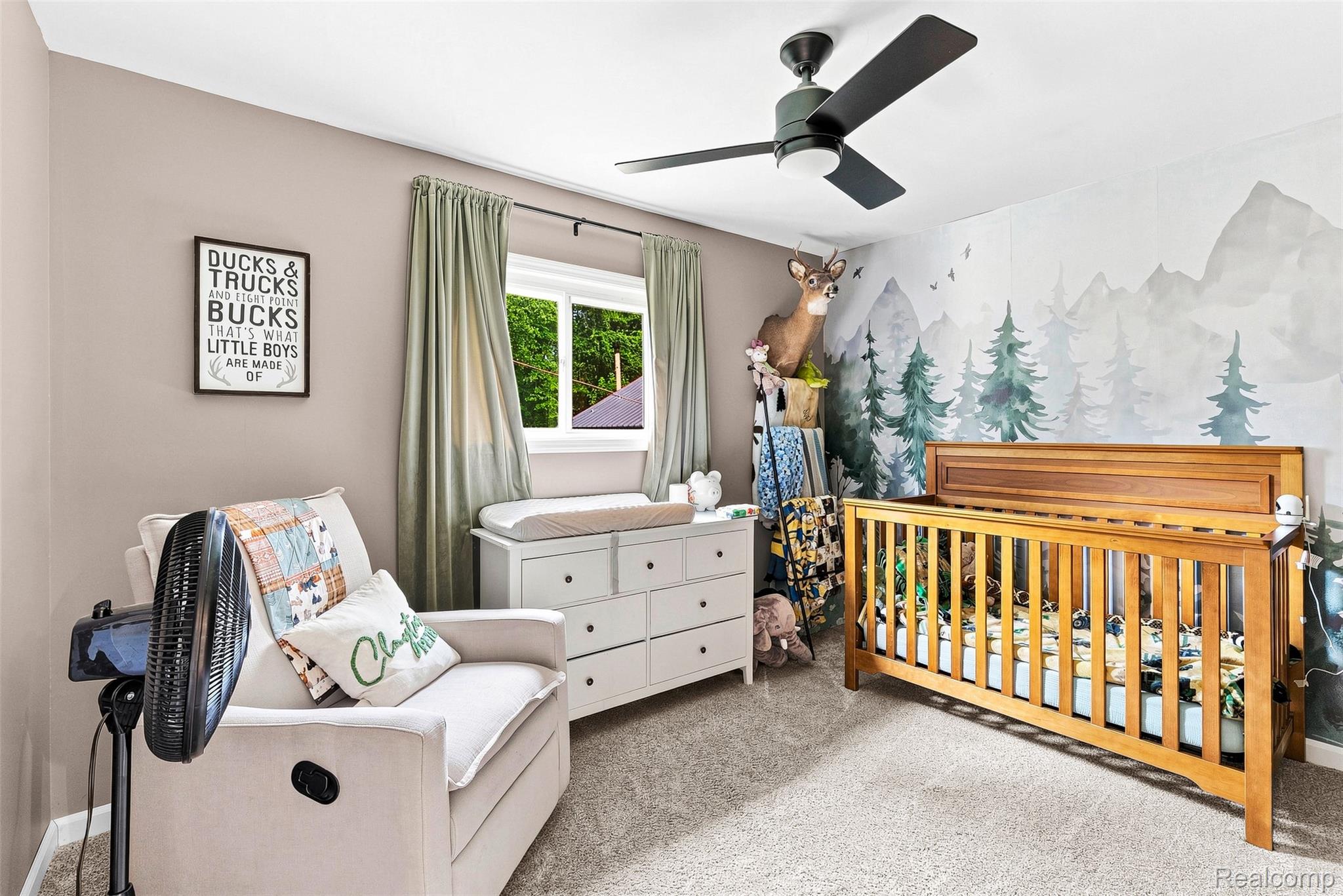 3319 Valentine Road Lapeer, MI 48446 - Photo 20 of 39 Ceiling fan with integrated lighting, wood crib, built-in window, and wall-mounted scenic mural