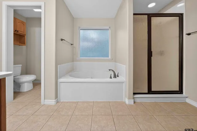 a bathroom with a bathtub and a toilet