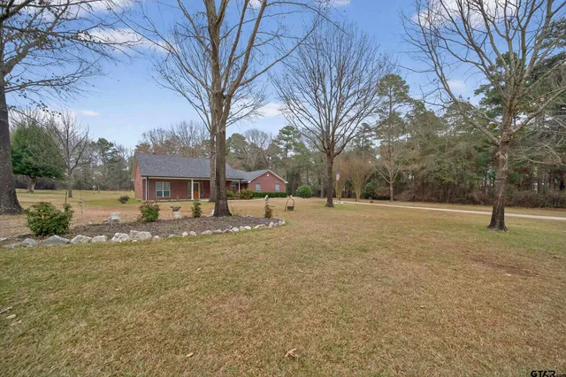 a view of a house with backyard and trees