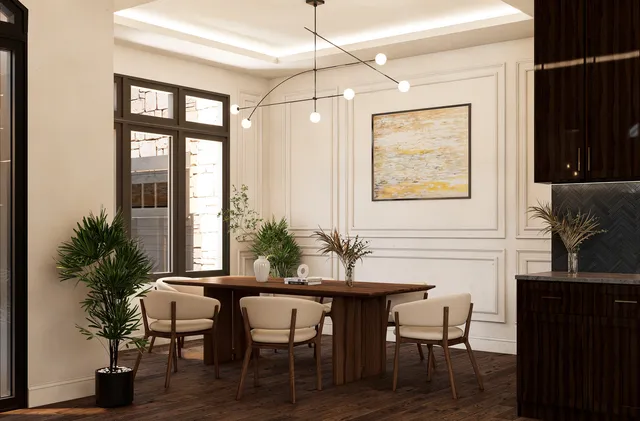 a view of a dining room with furniture and window