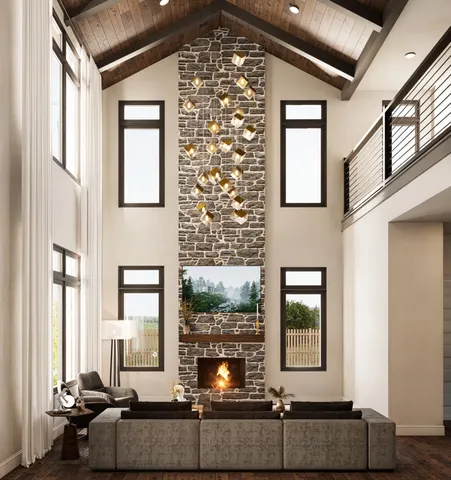 a living room with fireplace furniture and floor to ceiling windows