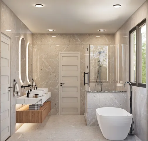 a bathroom with a bathtub and a sink