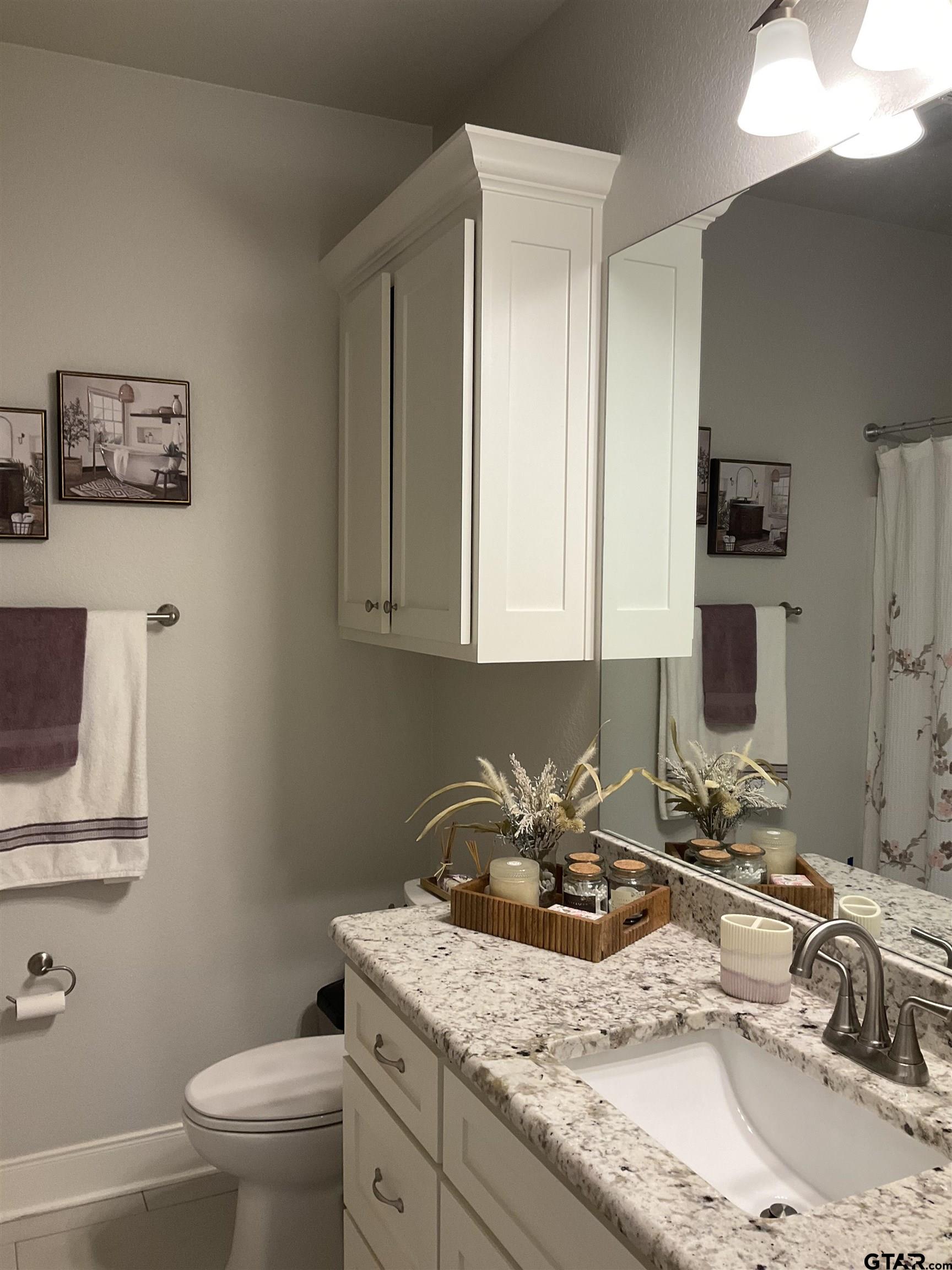 11978 Gillian Court Tyler, TX 75703 - Photo 23 of 36 a bathroom with a granite countertop sink a toilet and a mirror