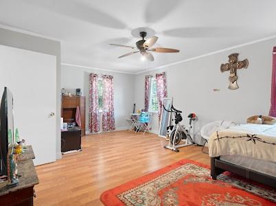 2133 Pleasant Drive Dallas, TX 75227 - Photo 23 of 40 Bedroom with light wood finished floors, crown molding, and a ceiling fan