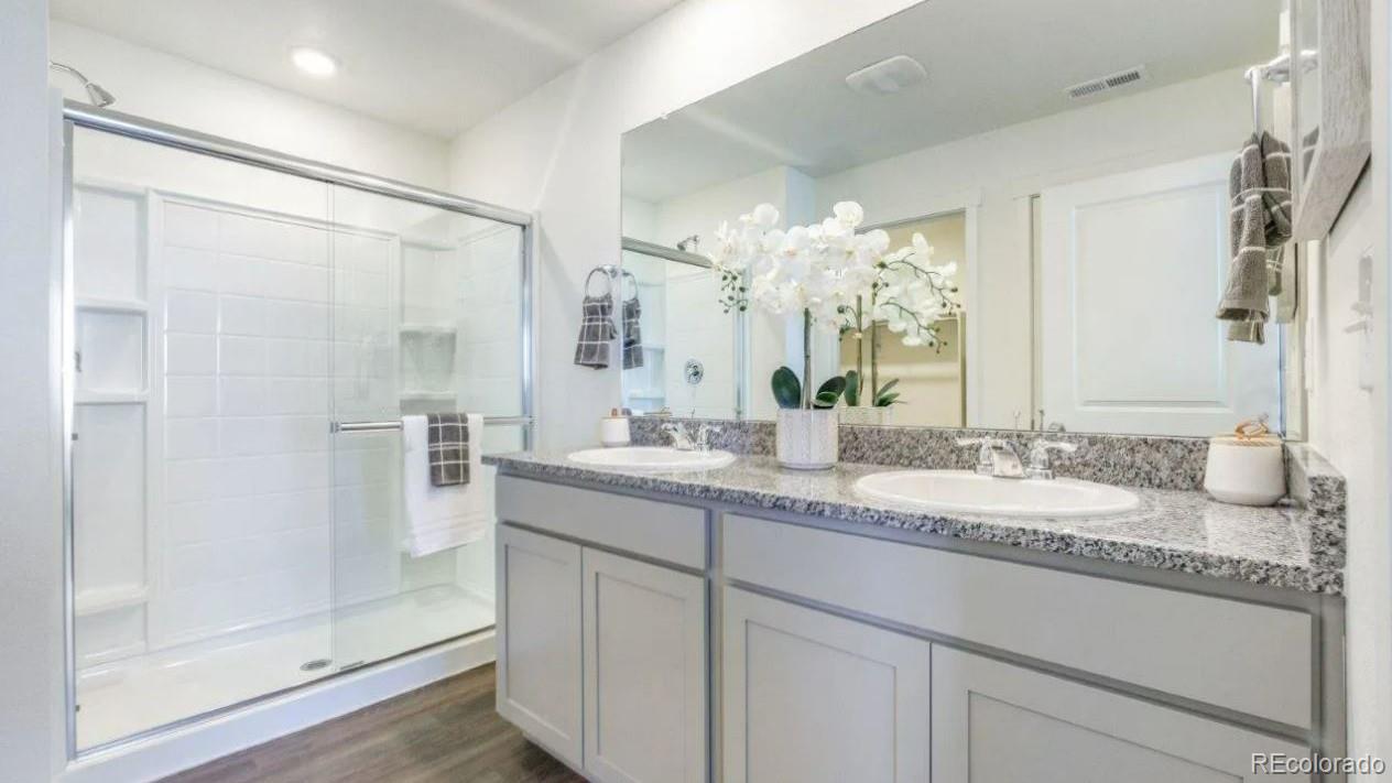 831 South Apex Avenue Fort Lupton, CO 80621 - Photo 10 of 18 a bathroom with a granite countertop sink mirror and shower