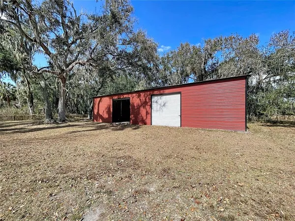 a view of a backyard with large trees