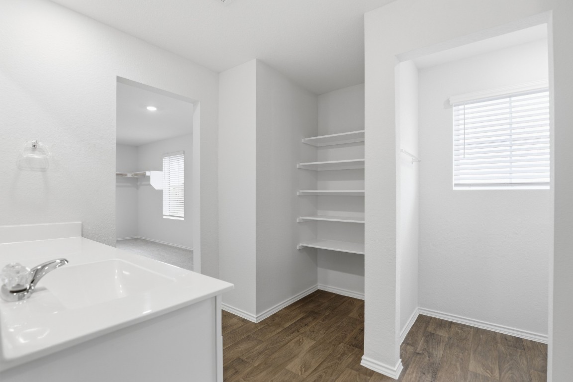 427 Sickle Loop Kyle, TX 78640 - Photo 4 of 39 Bathroom featuring dark wood finished floors, vanity, and a walk in closet