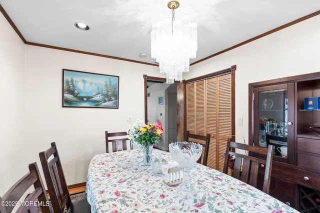 a view of a dining room with furniture