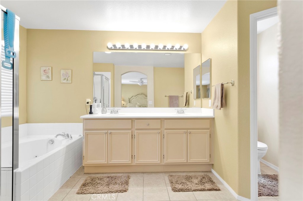 13798 Misty Path Victorville, CA 92392 - Photo 43 of 55 a bathroom with a tub a sink and a large mirror