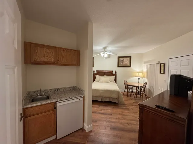 a bedroom with a bed and furniture