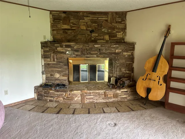 a view of a fireplace with wooden floor
