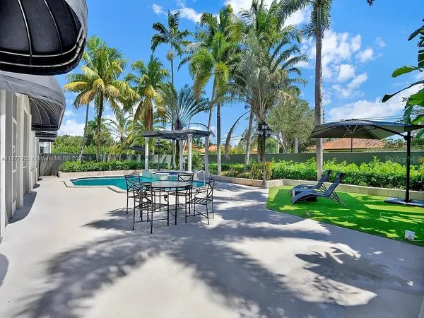 a view of a swimming pool with a garden