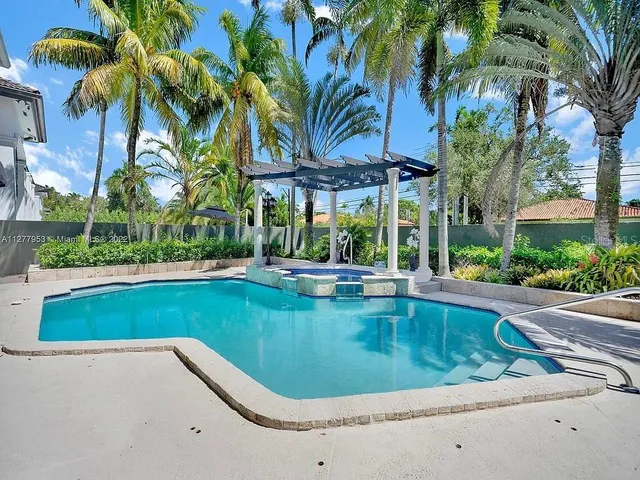 a view of a swimming pool with a yard