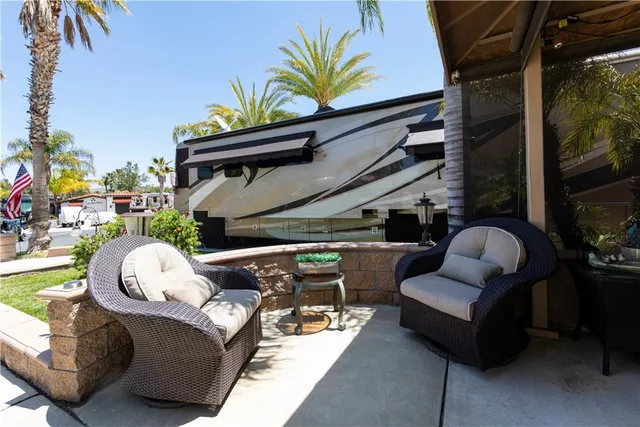 a building outdoor space with patio furniture