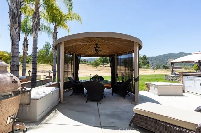 a view of a patio with couches chairs potted plants and a palm tree