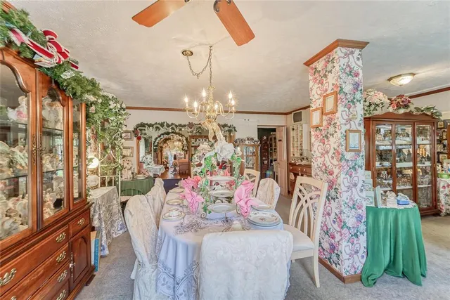 an aerial view of a residential houses with outdoor space and trees