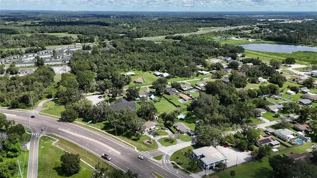 an aerial view of residential houses with outdoor space and trees