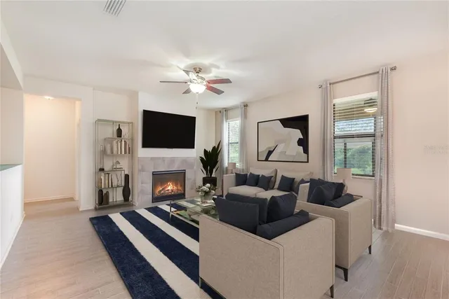 a living room with furniture a fireplace and a flat screen tv