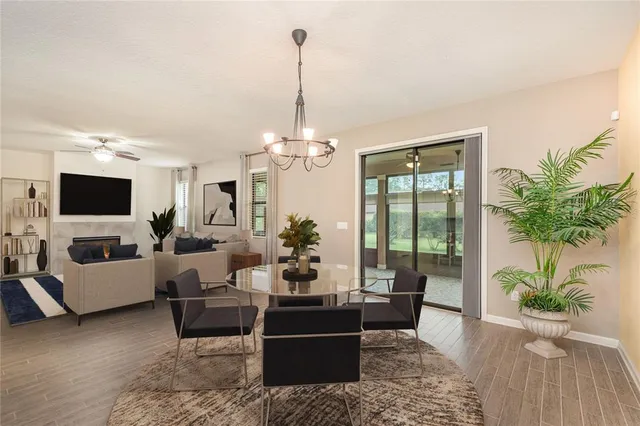 a living room with furniture potted plant and a chandelier