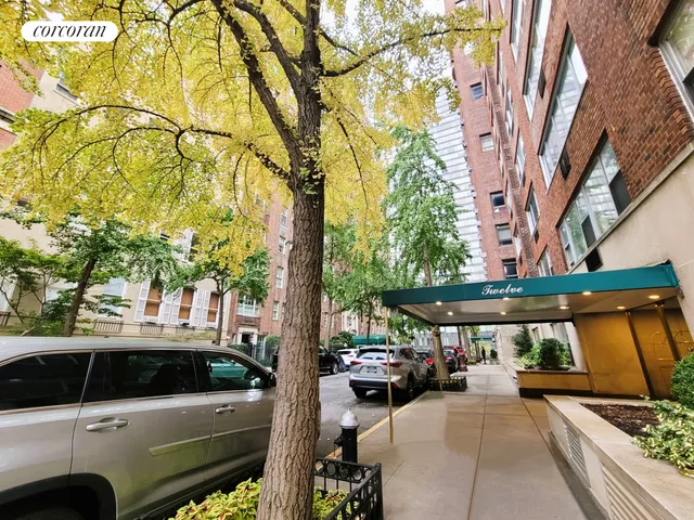 a view of a brick building next to a large tree