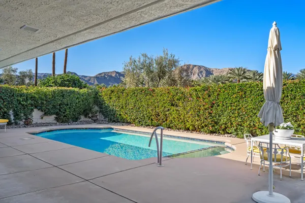 a view of swimming pool with outdoor seating and plants