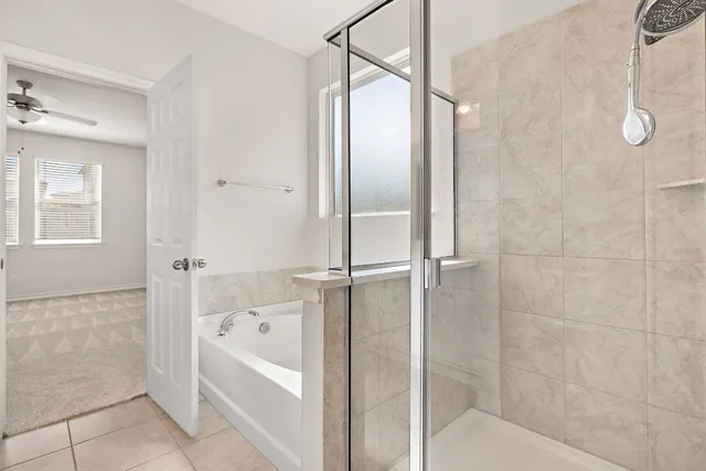 a bathroom with a bathtub and a shower
