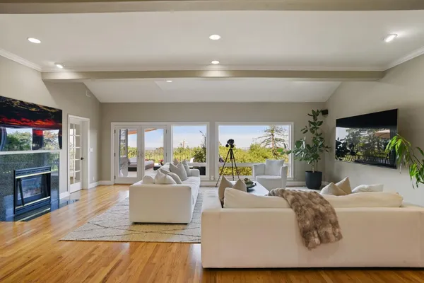 a living room with fireplace furniture and a flat screen tv