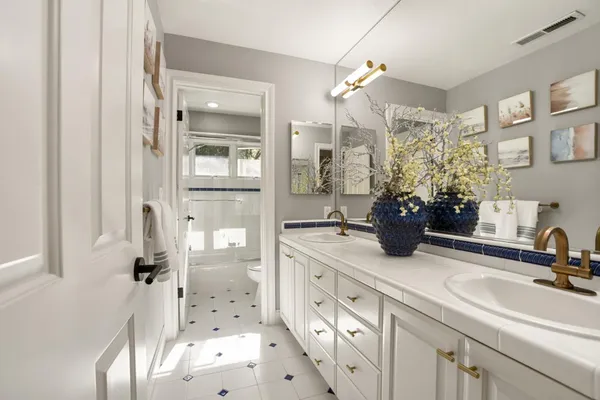 a bathroom with a sink a potted plant and a glass door shower