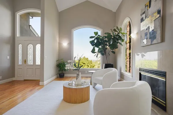 a living room with furniture flower pot and wooden floor